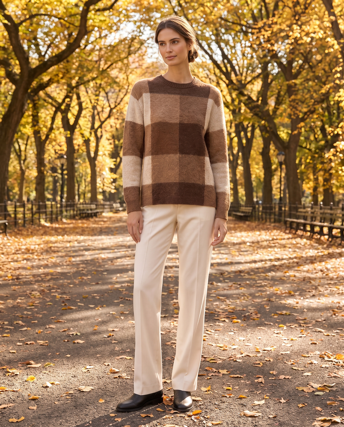Foxhollow Relaxed Plaid Crew Neck Sweater — worn in Central Park in autumn