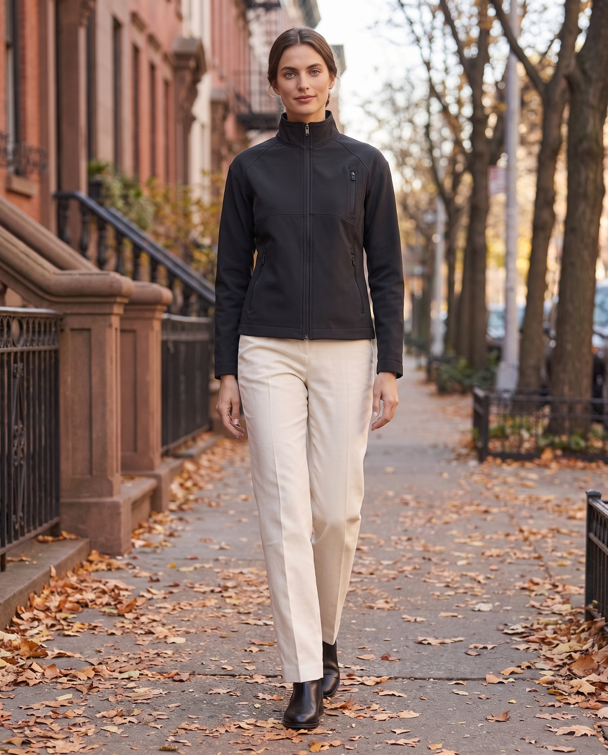 Stand-Collar Zip Jacket for Women — worn on a New York street in autumn