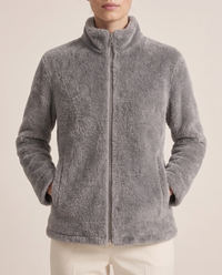 Faux-Mink Knit Zip Jacket with Stand Collar — stand collar and knit, worn