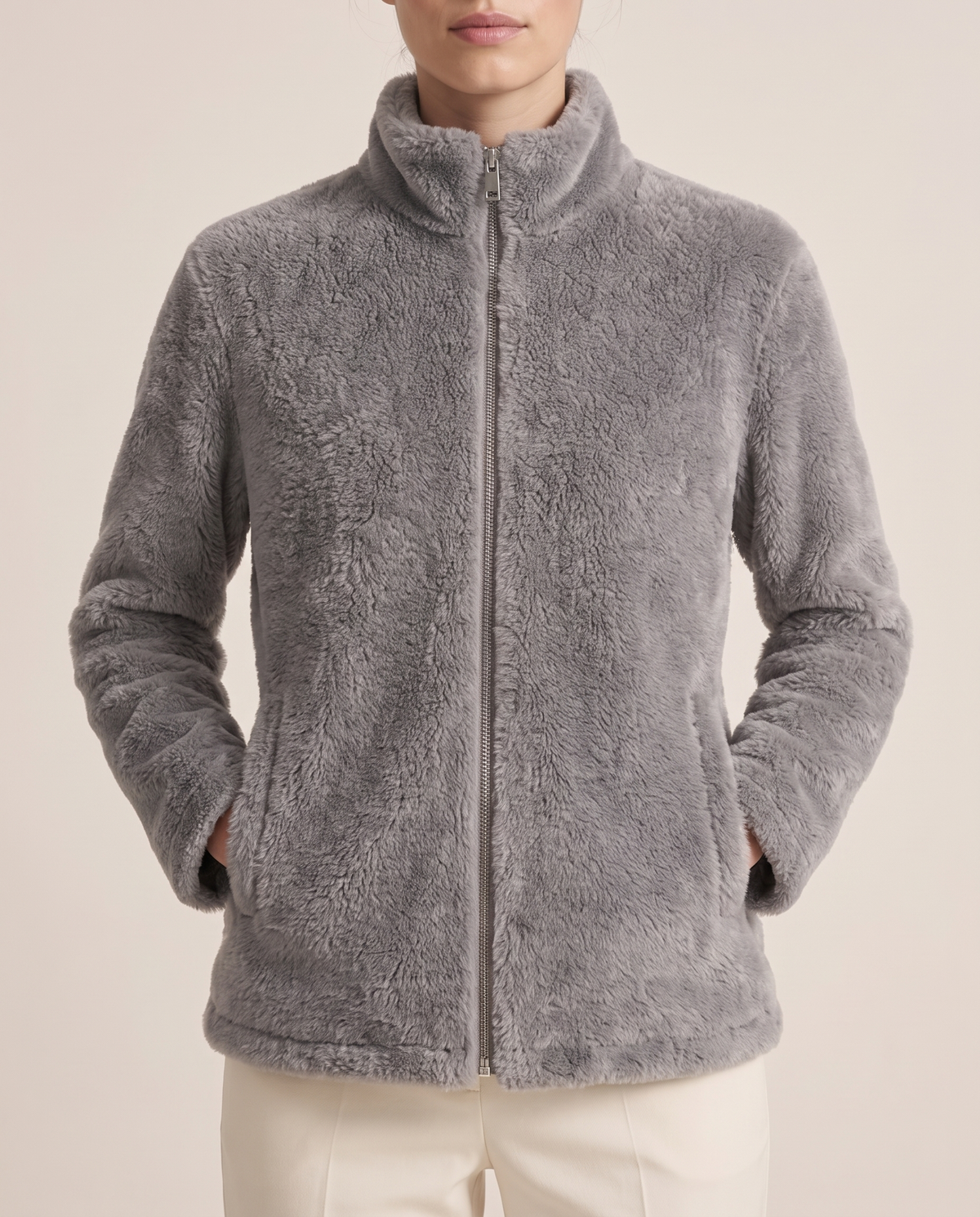 Faux-Mink Knit Zip Jacket with Stand Collar — stand collar and knit, worn