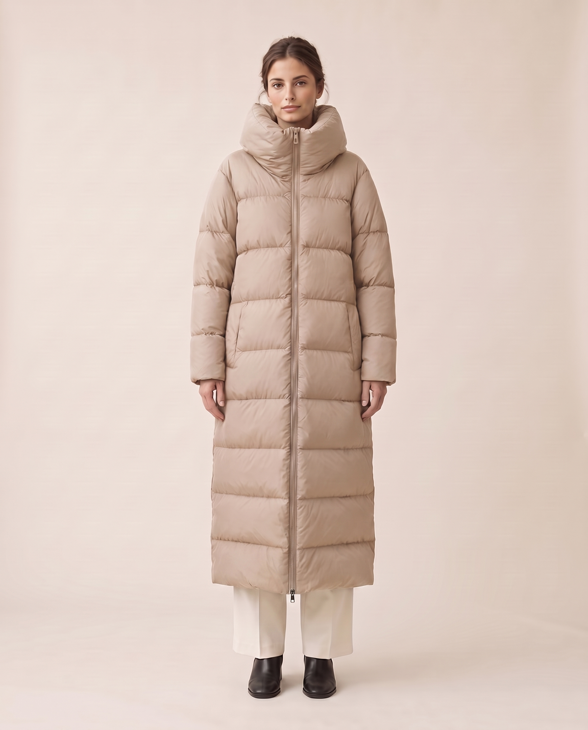 Long Puffer Coat with Oversized Collar — beige, studio front