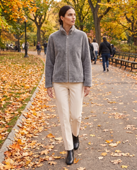 Faux-Mink Knit Zip Jacket with Stand Collar — worn in Central Park in autumn