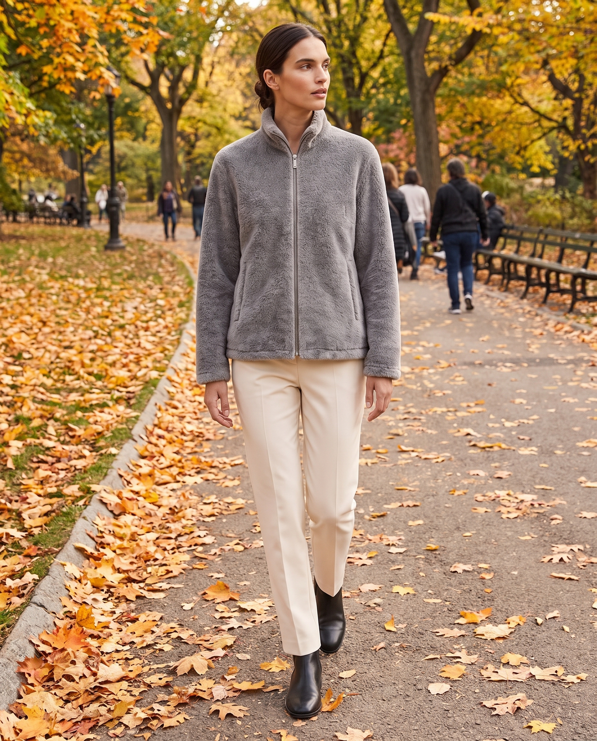 Faux-Mink Knit Zip Jacket with Stand Collar — worn in Central Park in autumn