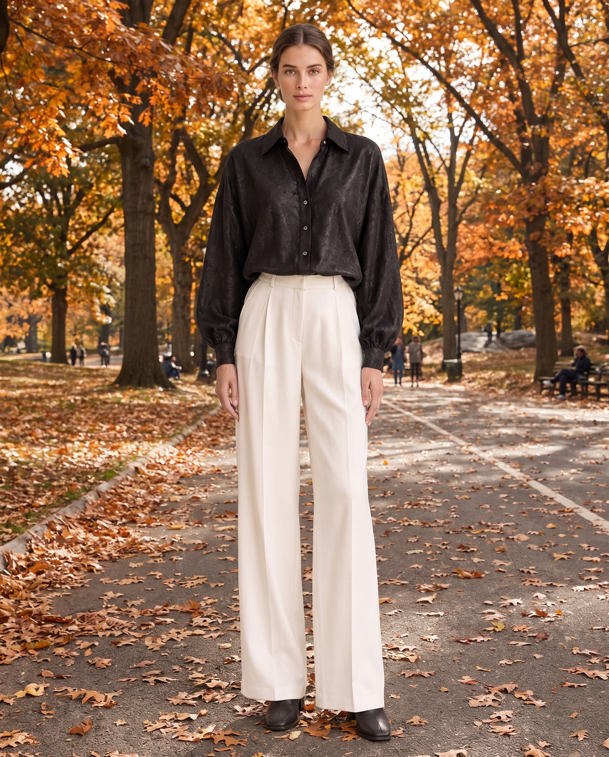 Snowline Elegant Shimmer Long Sleeve Blouse — worn in Central Park in autumn