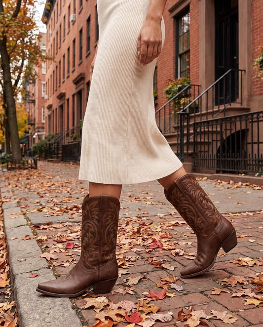 Genuine Leather Cowboy Boots with Embroidery — walking on a New York street in autumn