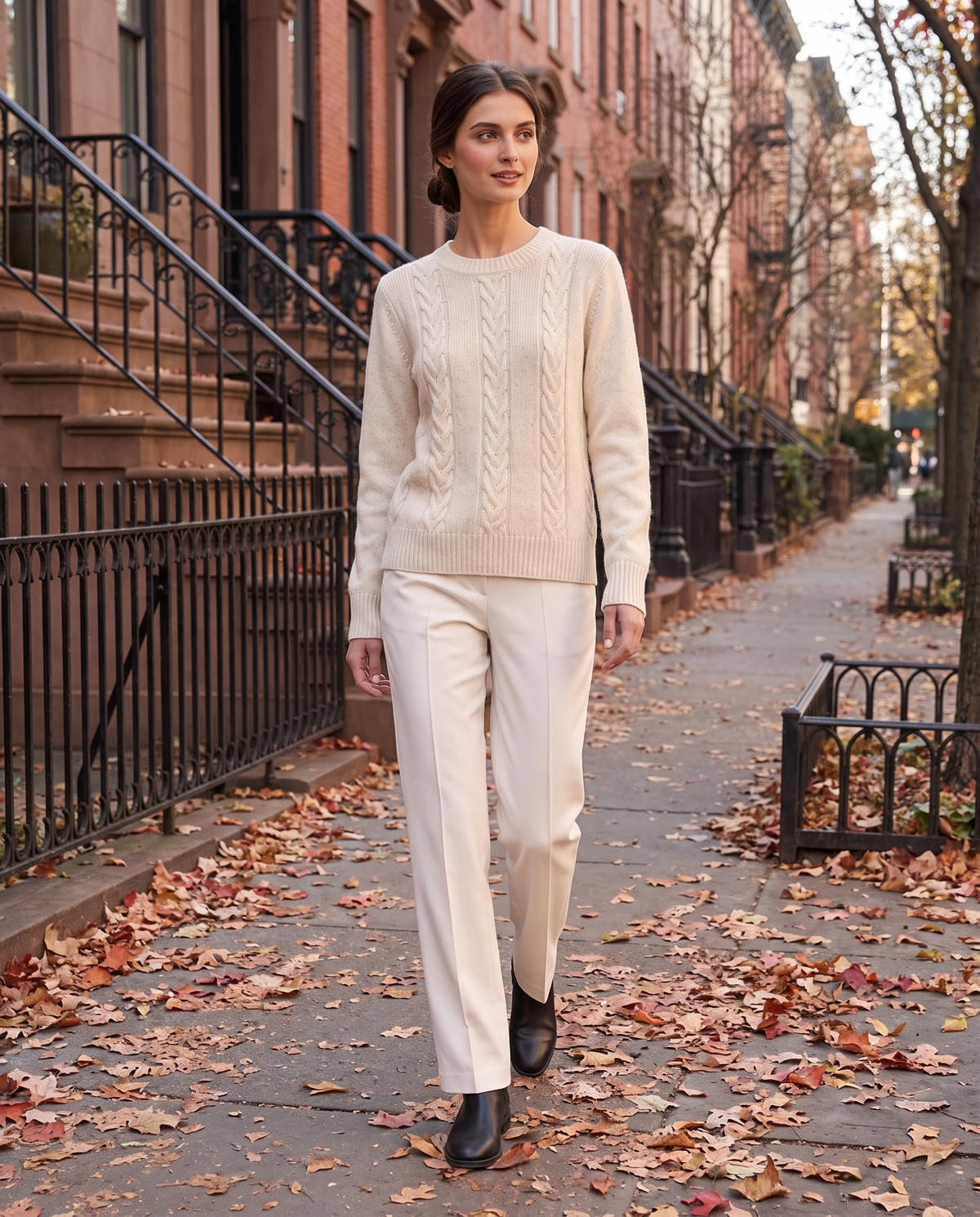 Favignana Classic Cable Knit Crew Neck Sweater — worn on a New York street in autumn