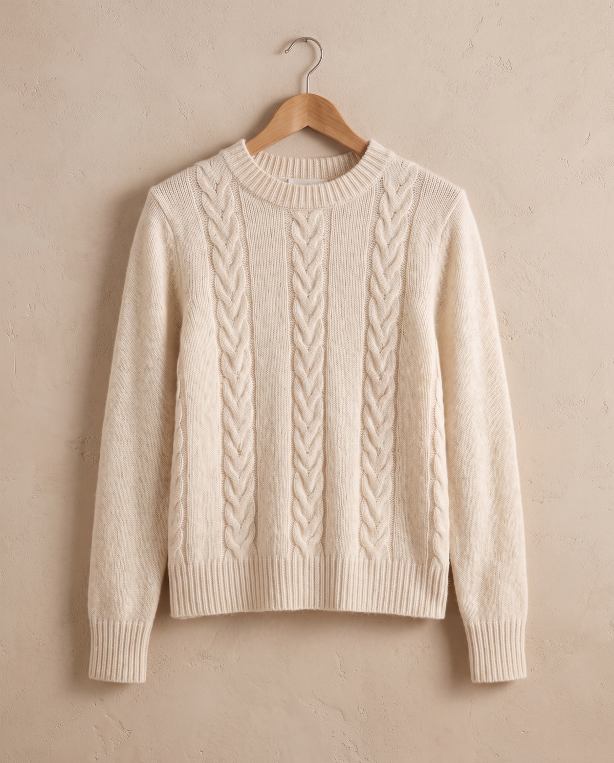 Favignana Classic Cable Knit Crew Neck Sweater — braided cable detail on hanger