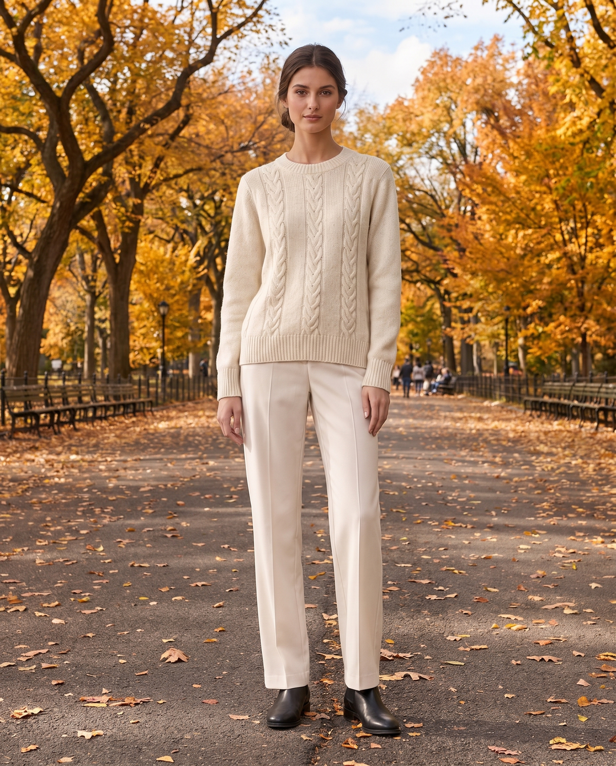 Favignana Classic Cable Knit Crew Neck Sweater — worn in Central Park in autumn