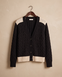 Vietri Relaxed Color-Block Cable Knit Cardigan — on hanger