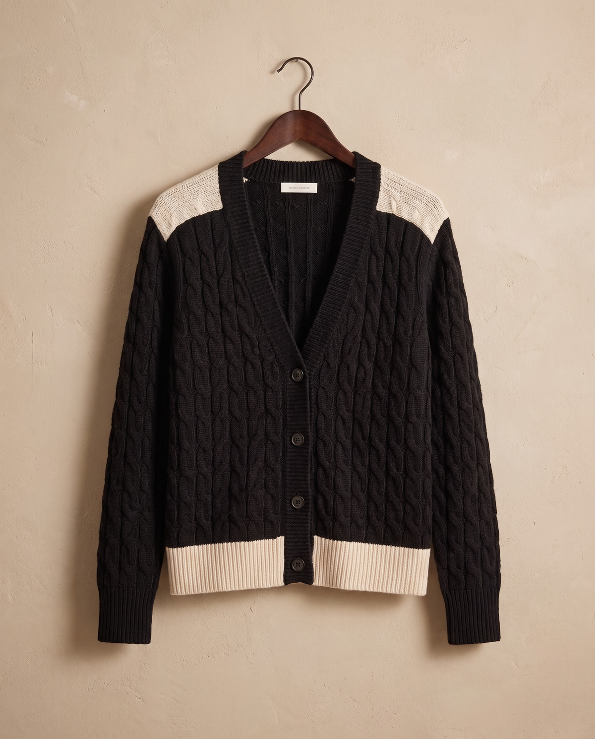 Vietri Relaxed Color-Block Cable Knit Cardigan — on hanger