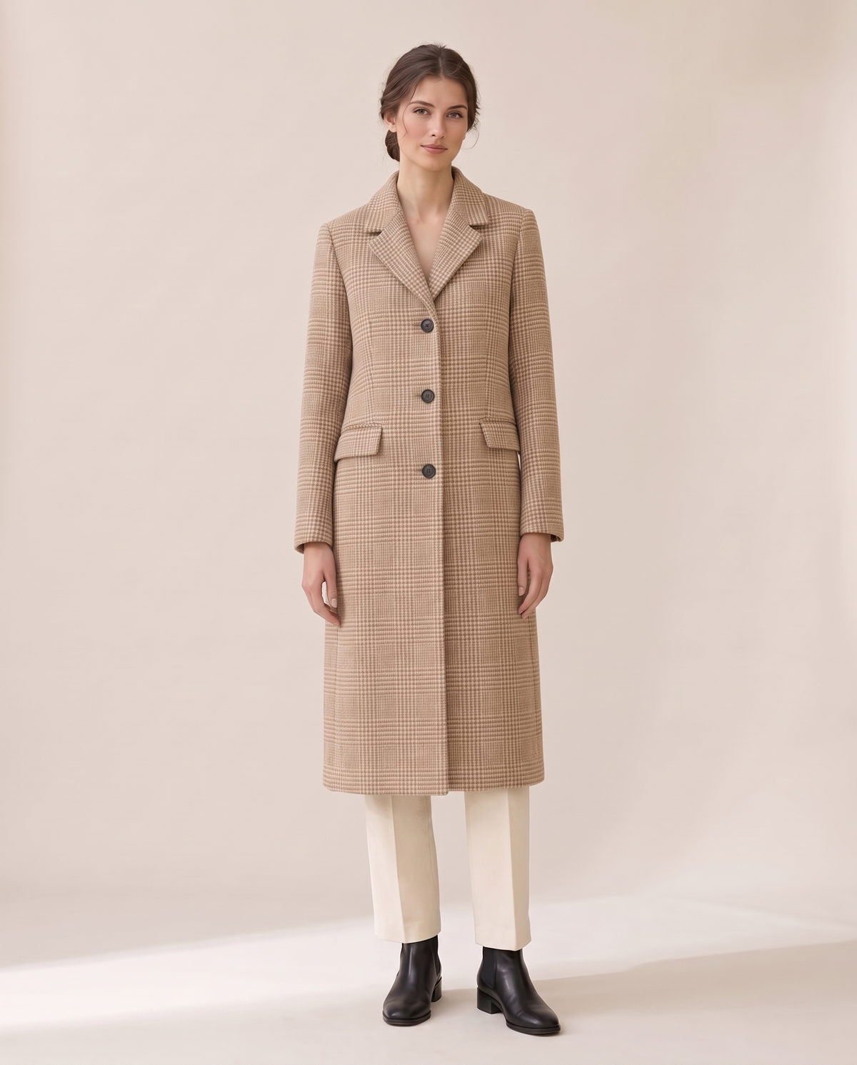 Long Checked Wool-Blend Coat — beige