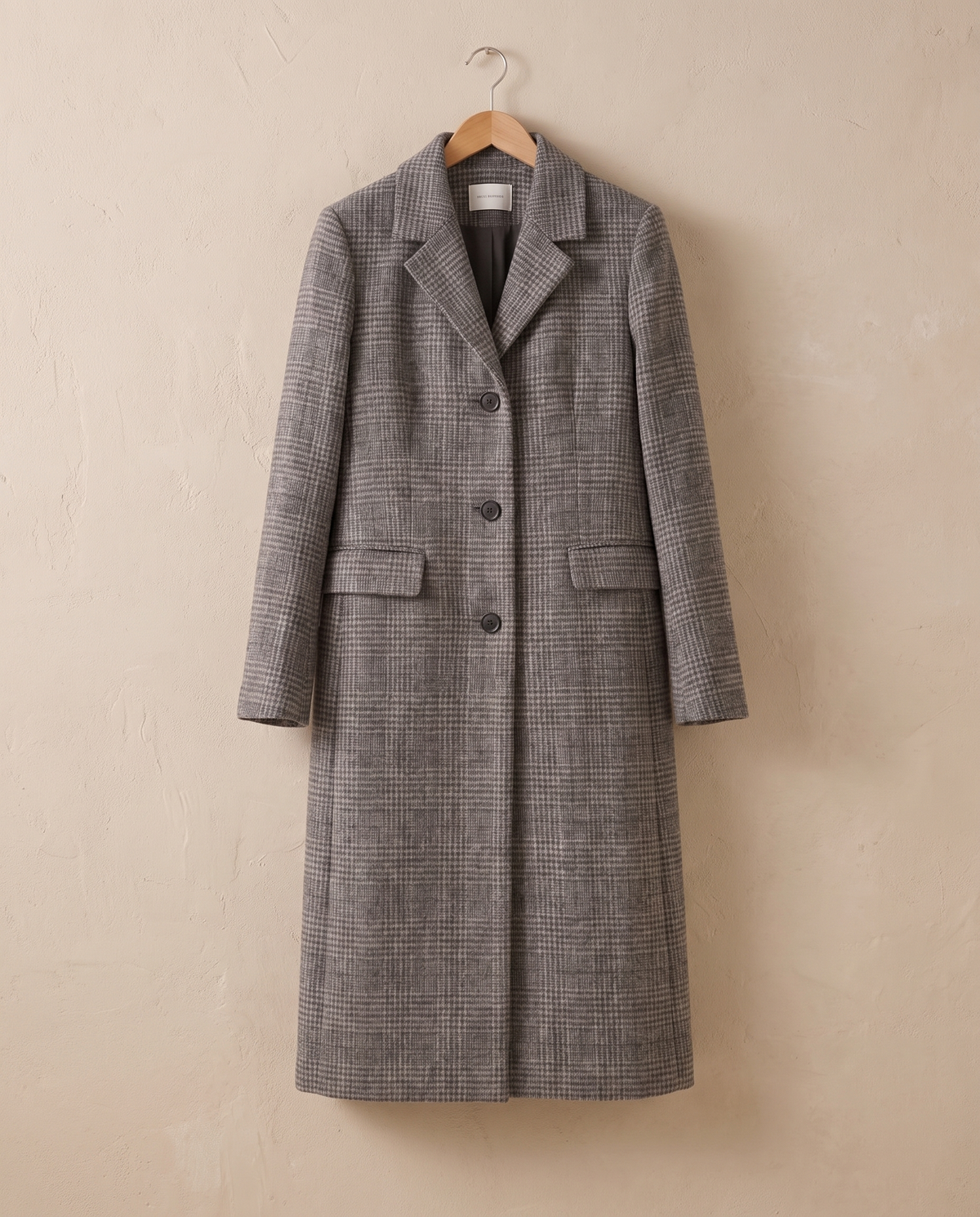 Long Checked Wool-Blend Coat — on hanger
