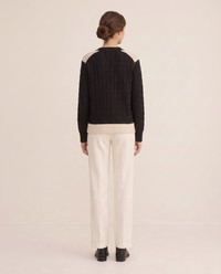 Vietri Relaxed Color-Block Cable Knit Cardigan — studio back