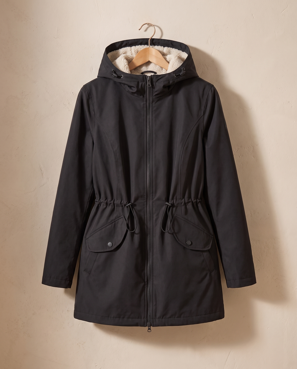 Fitted Waterproof Jacket with Sherpa Hood — on hanger