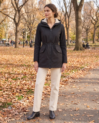 Fitted Waterproof Jacket with Sherpa Hood — worn in Central Park in autumn