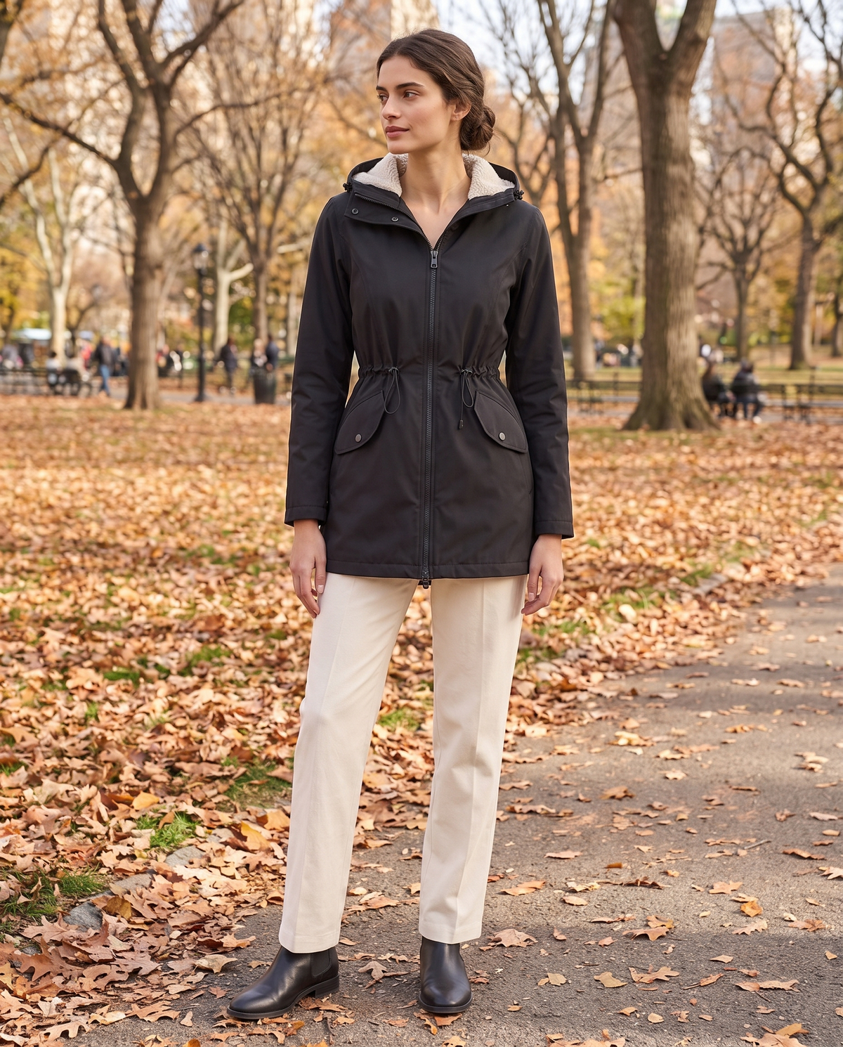 Fitted Waterproof Jacket with Sherpa Hood — worn in Central Park in autumn