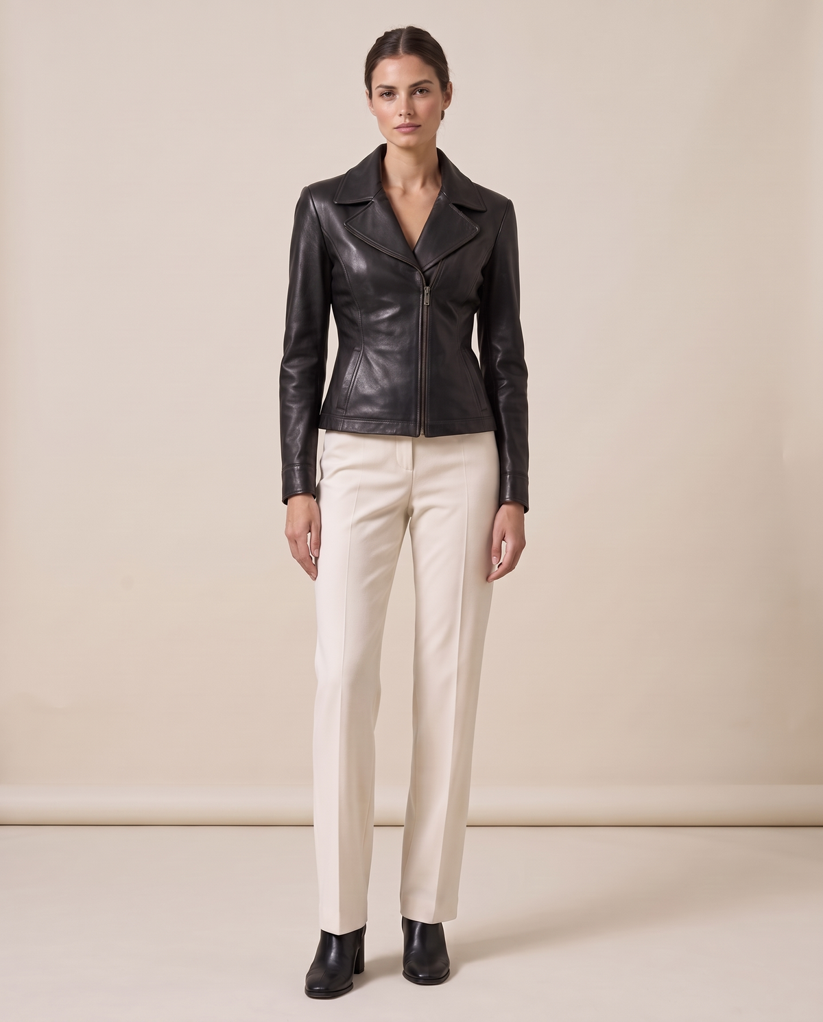 Tailored Leather Jacket with Notched Lapel — black, studio front