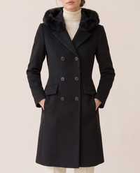 Double-Breasted Hooded Coat with Plush Trim — plush hood and buttons, worn