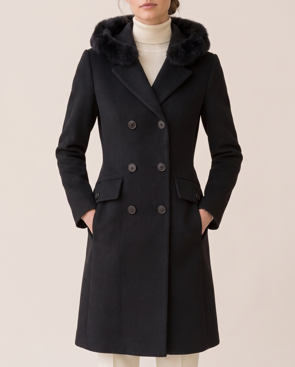 Double-Breasted Hooded Coat with Plush Trim — plush hood and buttons, worn