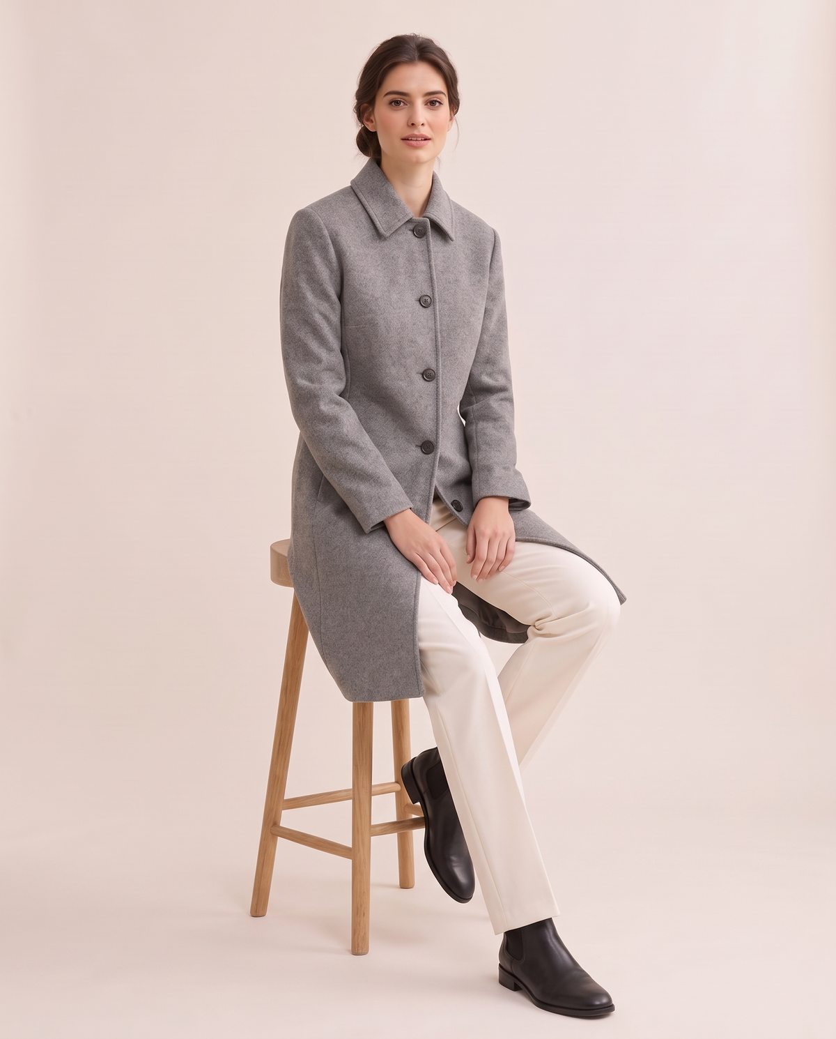 Wool-Blend Coat with Fold-Down Collar — worn seated