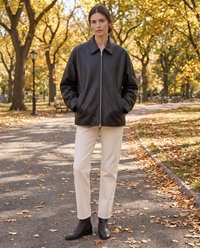 Oversized Soft Leather Jacket with Fluid Drape — worn in Central Park in autumn
