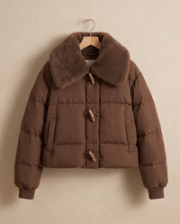 Cropped Puffer Jacket with Plush Collar — on hanger