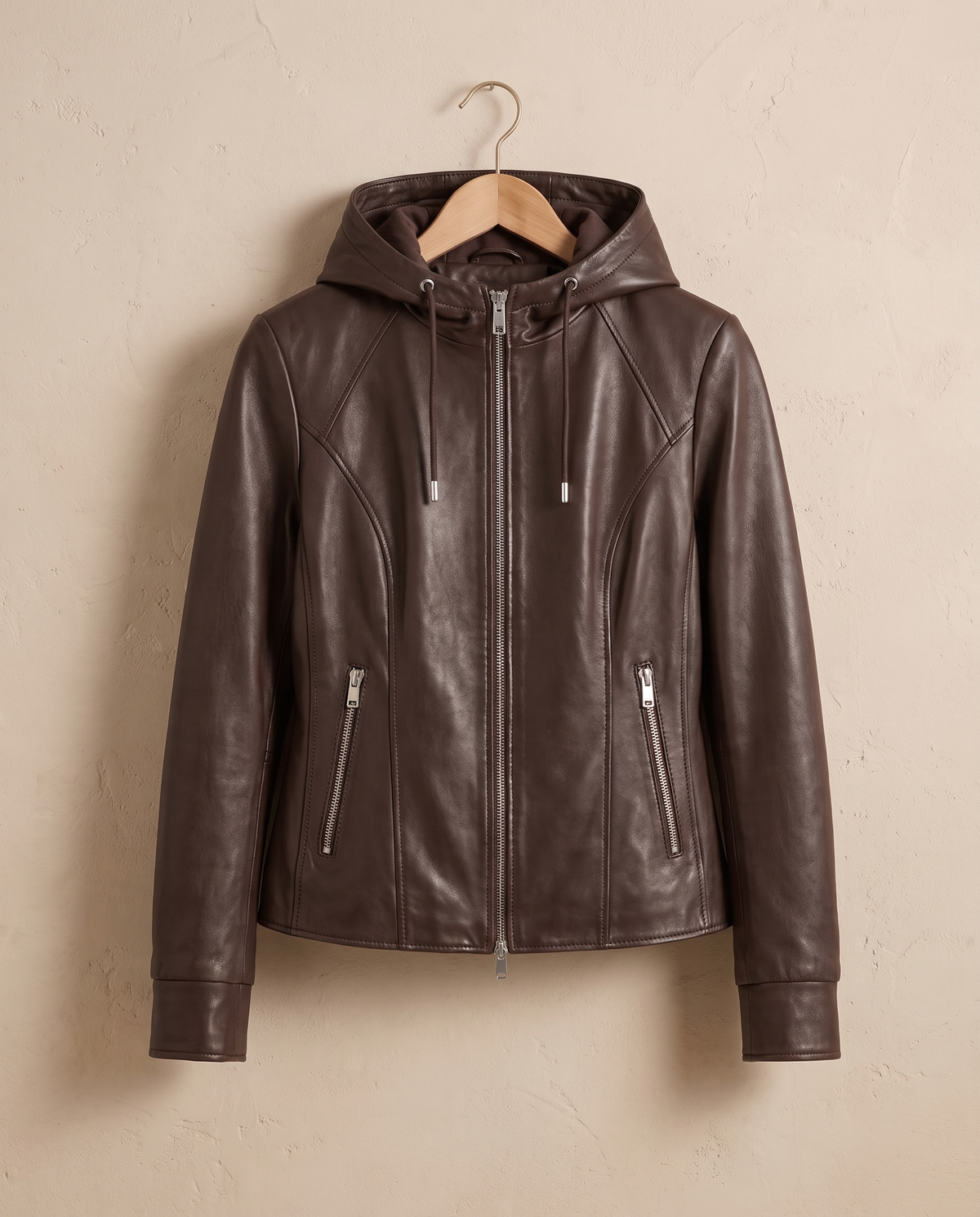 Hooded Leather Jacket for Women — on hanger