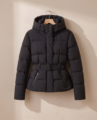 Belted Cropped Puffer Jacket with Hood — belt and peplum on hanger