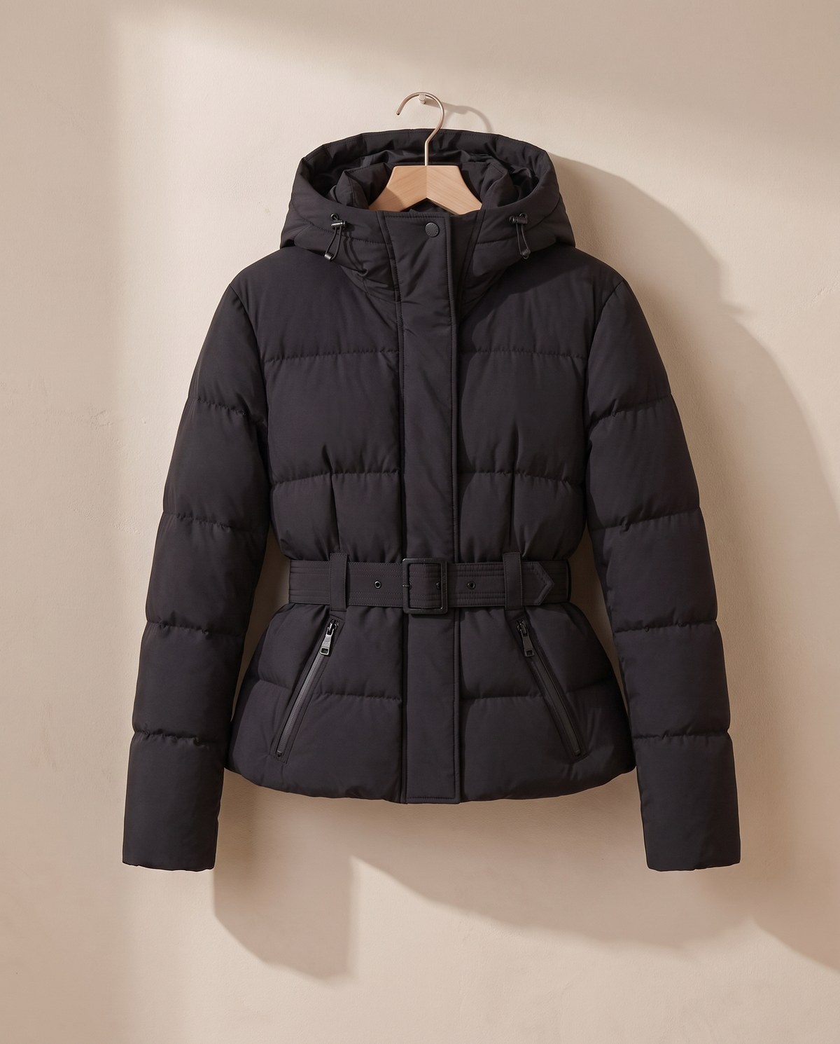 Belted Cropped Puffer Jacket with Hood — belt and peplum on hanger