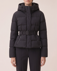Belted Cropped Puffer Jacket with Hood — belt buckle and peplum, worn