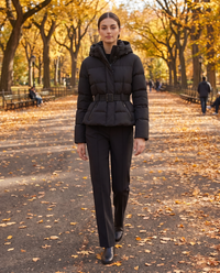 Belted Cropped Puffer Jacket with Hood — worn in Central Park in autumn