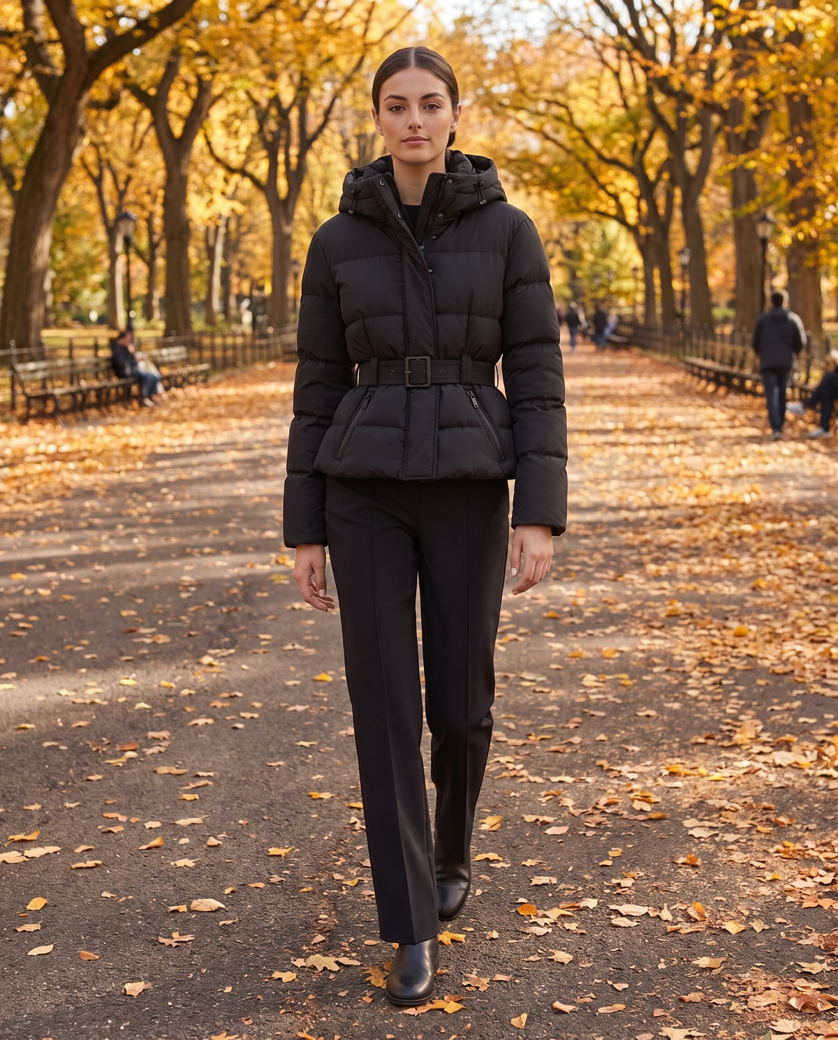 Belted Cropped Puffer Jacket with Hood — worn in Central Park in autumn