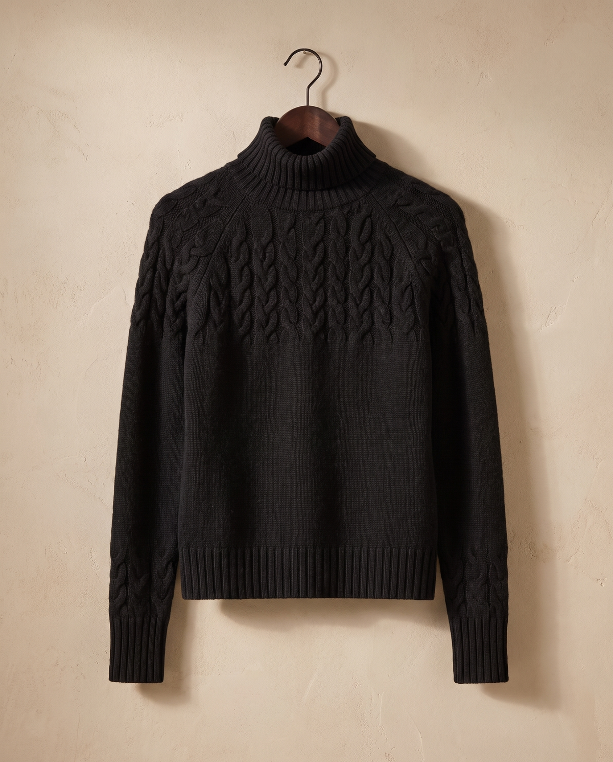 Gloucester Warm Cable Knit Ribbed Turtleneck Sweater — on hanger