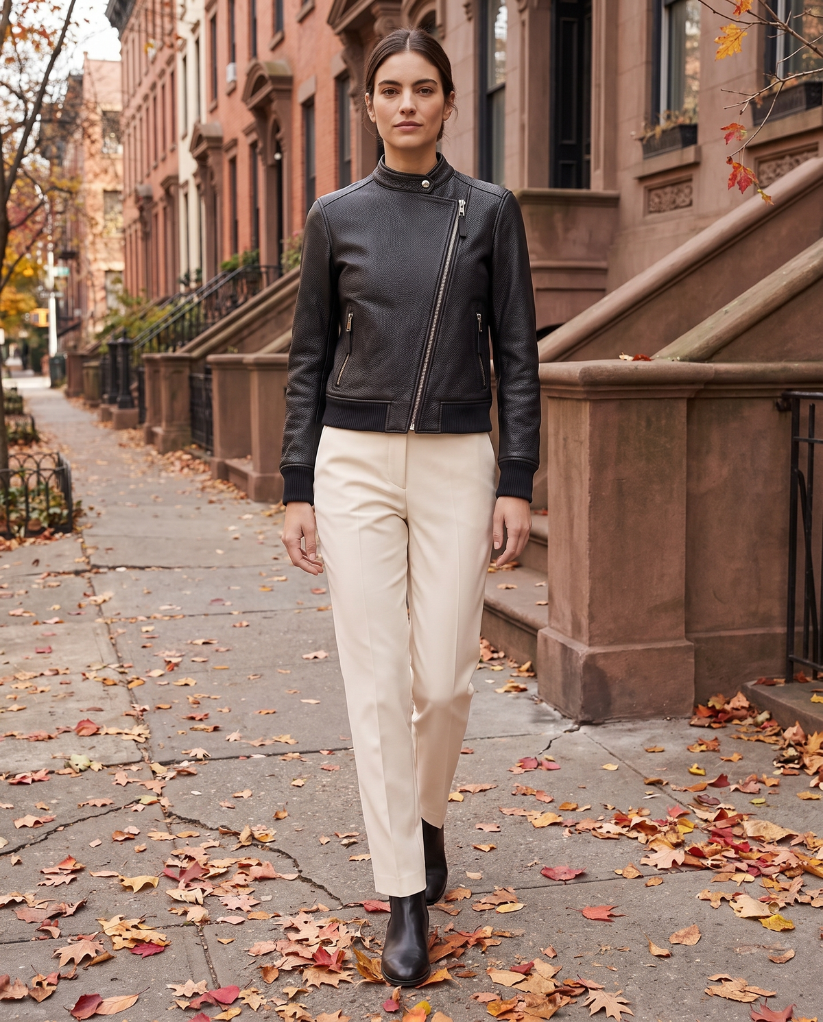 Asymmetric Zip Moto Jacket for Women — worn on a New York street in autumn