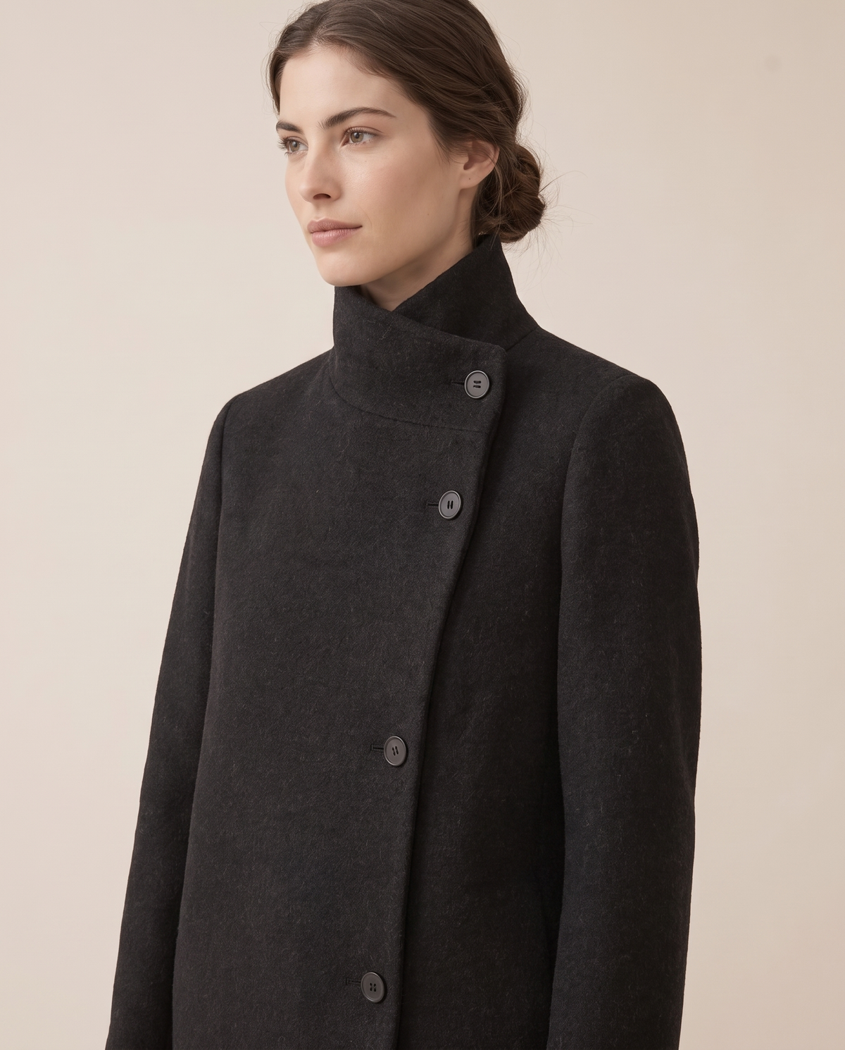 Wool-Blend Coat with Tall Stand Collar — collar and buttons, worn
