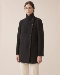Wool-Blend Coat with Tall Stand Collar — three-quarter view