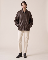 Oversized Soft Leather Jacket with Fluid Drape — chocolate brown, studio front