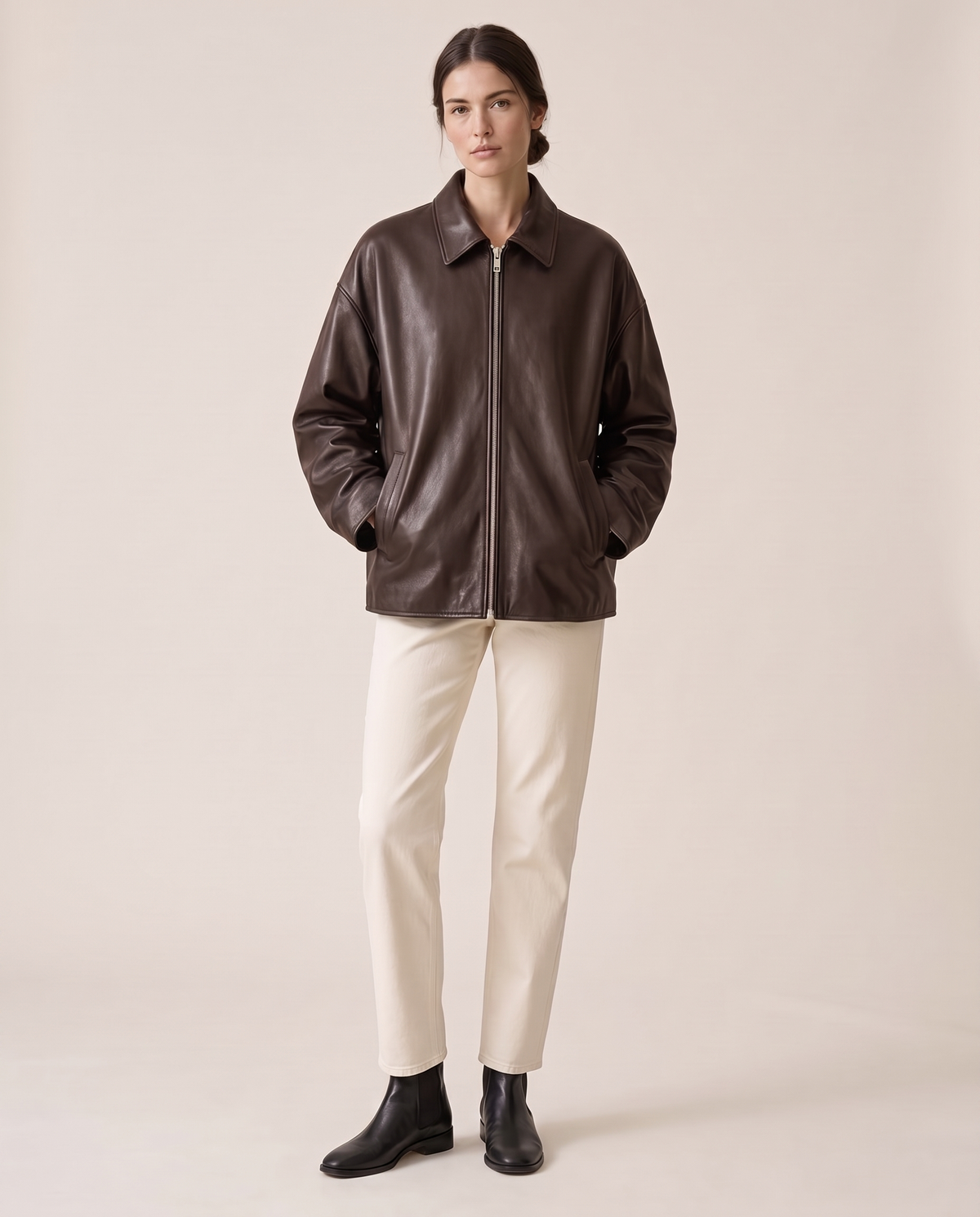 Oversized Soft Leather Jacket with Fluid Drape — chocolate brown, studio front