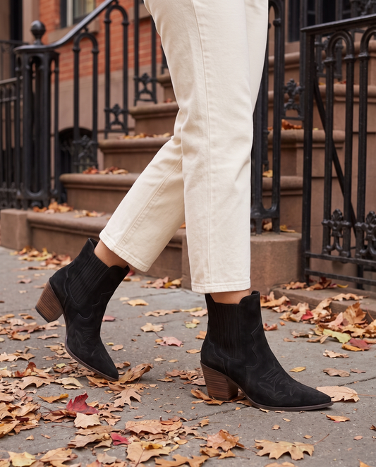 Western Ankle Boots with Pointed Toe — worn on a New York street in autumn