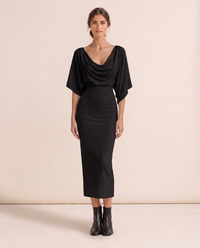 Harrow Sleek Batwing Sleeve Knit Midi Dress — black, studio front