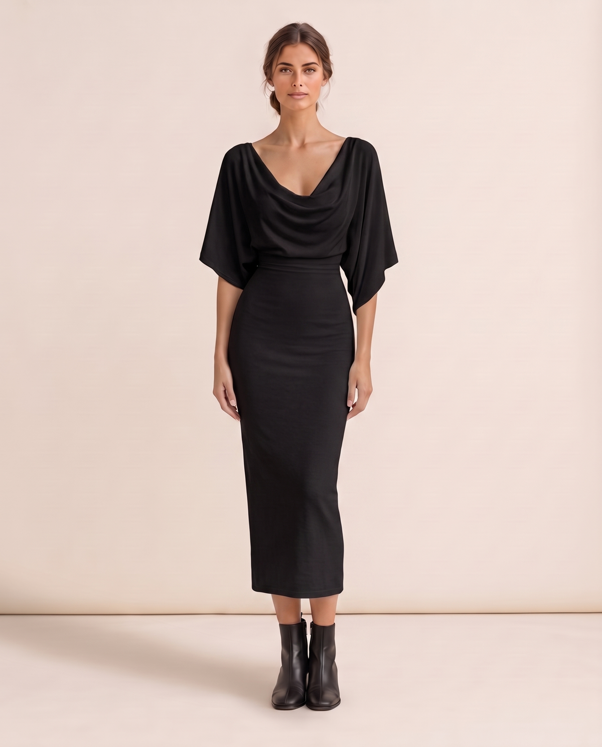 Harrow Sleek Batwing Sleeve Knit Midi Dress — black, studio front