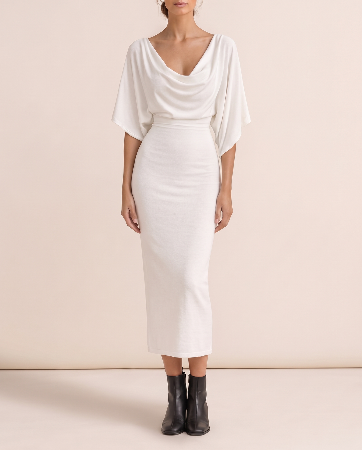 Harrow Sleek Batwing Sleeve Knit Midi Dress — fitted knit skirt, worn