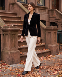 Eventide Elegant Velvet Single-Button Blazer — worn on a New York street in autumn