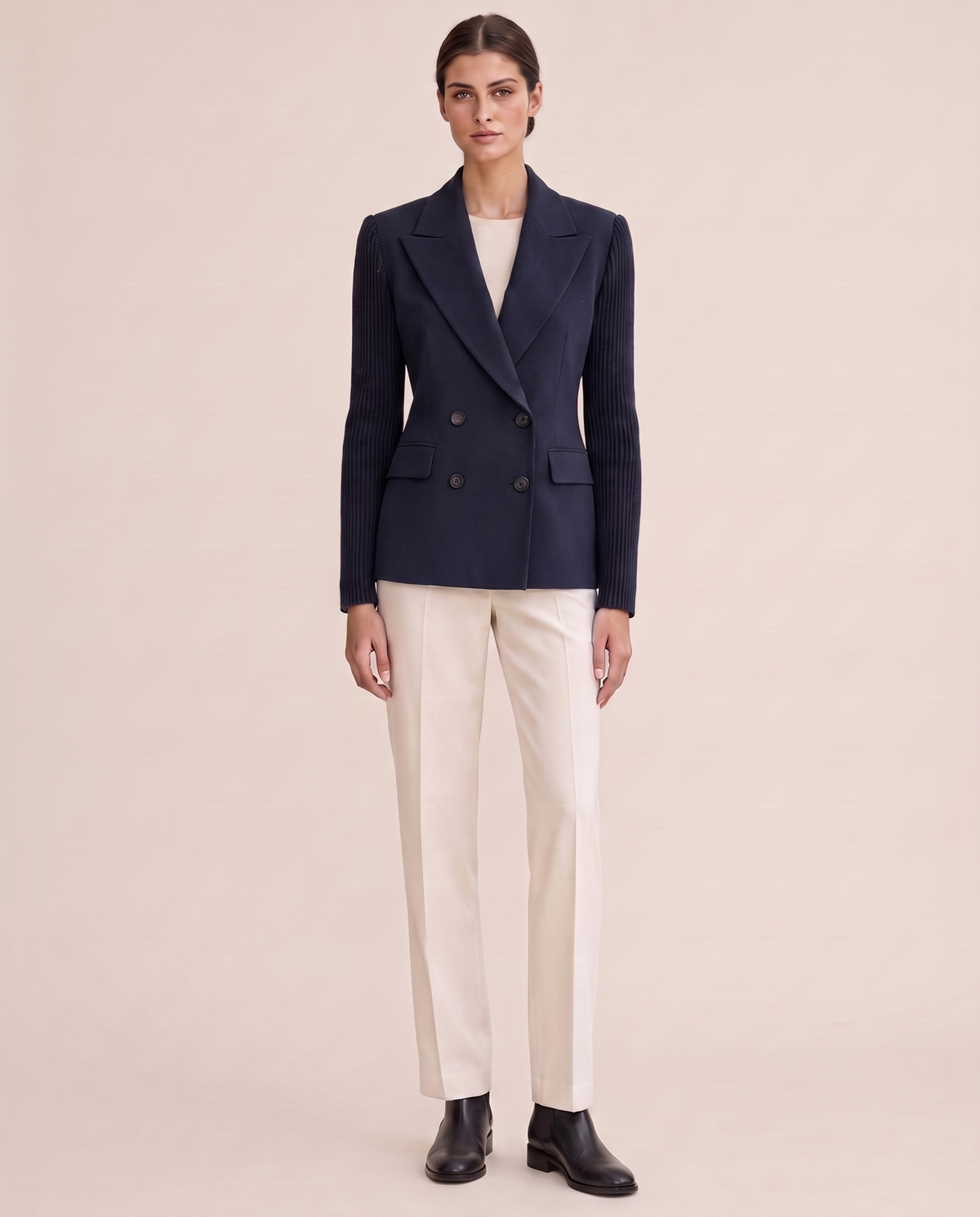 Cascadia Structured Double-Breasted Blazer with Ribbed Sleeves — navy, studio front