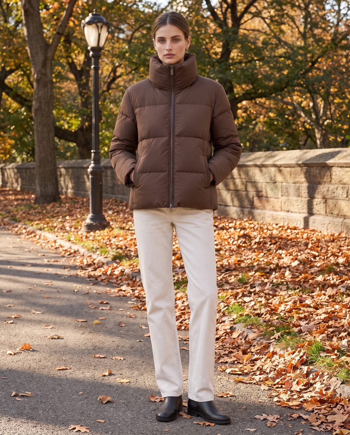 Classic Padded Puffer Jacket with Zip Front — worn in Central Park in autumn