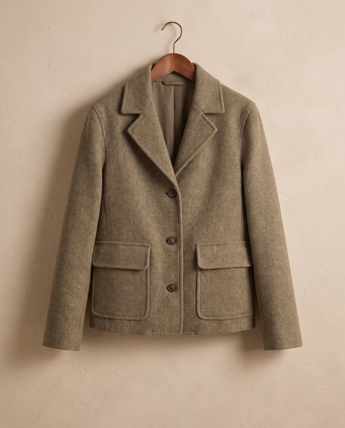 Short Wool-Blend Coat with Notched Collar — on hanger