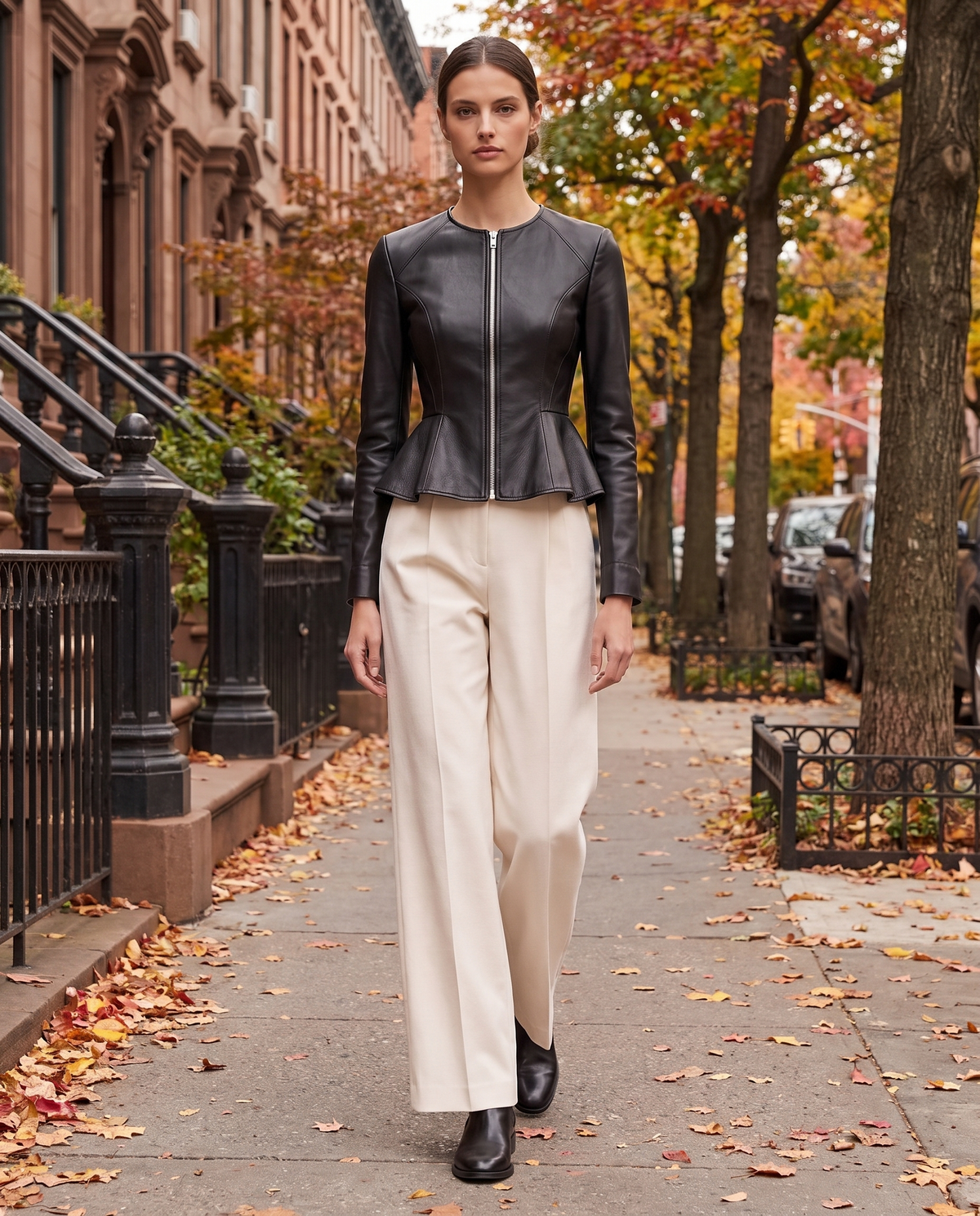Cropped Fit-and-Flare Leather Jacket — worn on a New York street in autumn