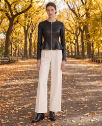 Cropped Fit-and-Flare Leather Jacket — worn in Central Park in autumn