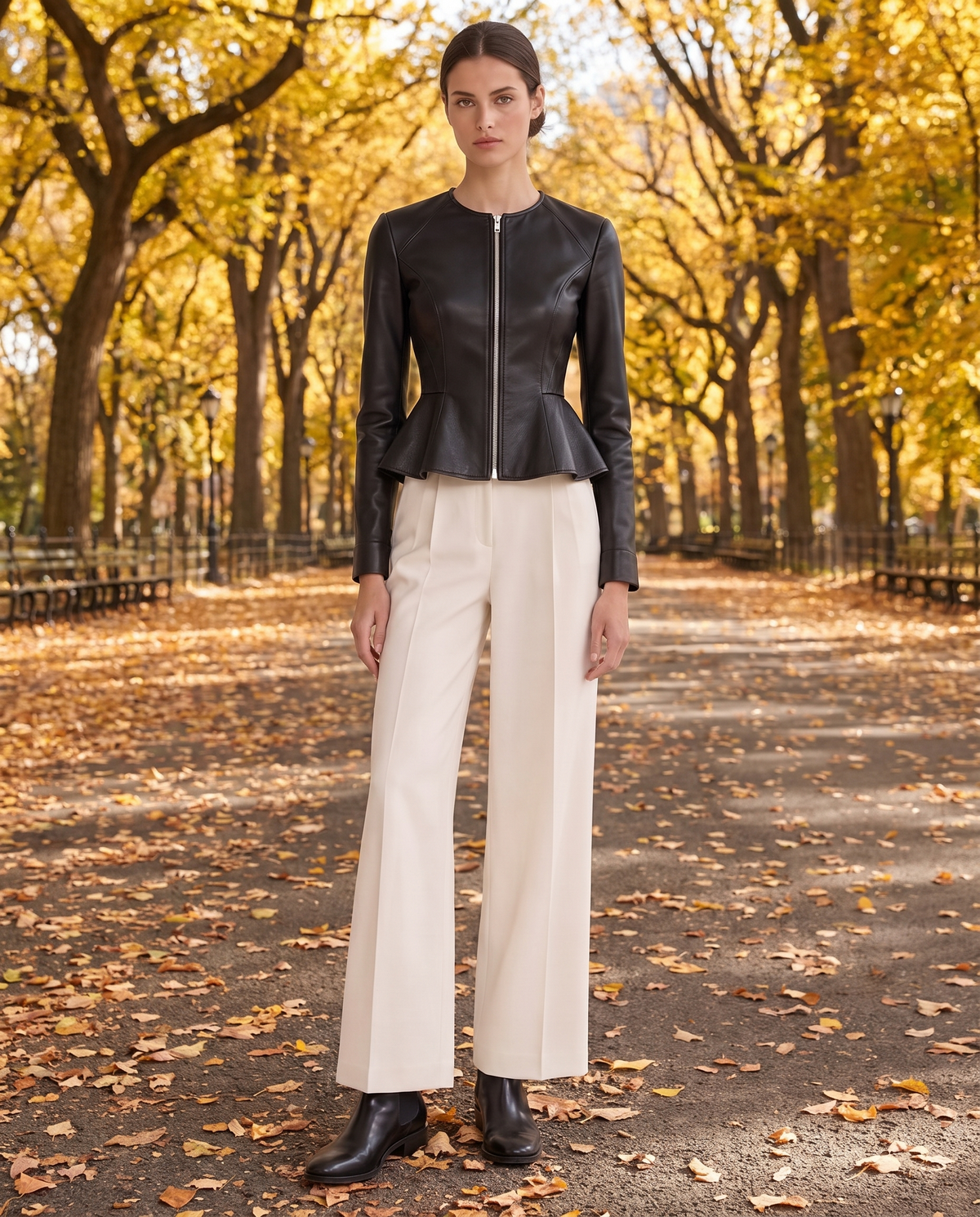 Cropped Fit-and-Flare Leather Jacket — worn in Central Park in autumn
