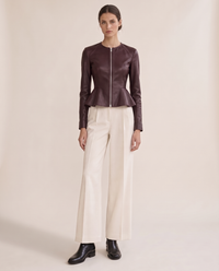 Cropped Fit-and-Flare Leather Jacket — burgundy, studio front